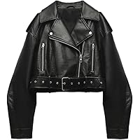 LY VAREY LIN Women Faux Leather Cropped Jacket Lapel Zipper Biker